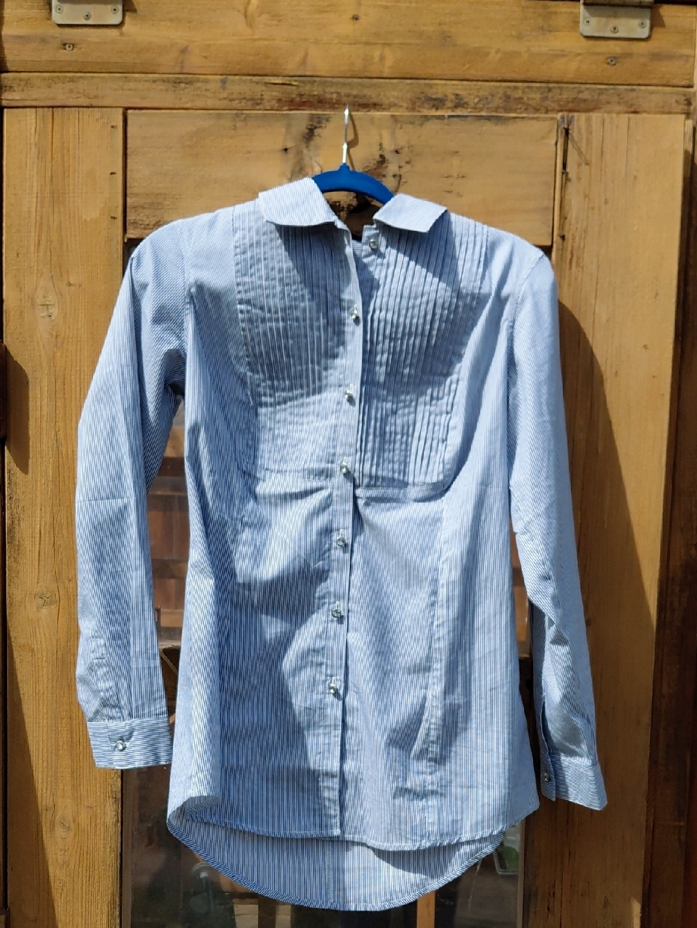 🔴 Signature by Larry Levine Light Blue Pinstripe Pleated Front Tunic